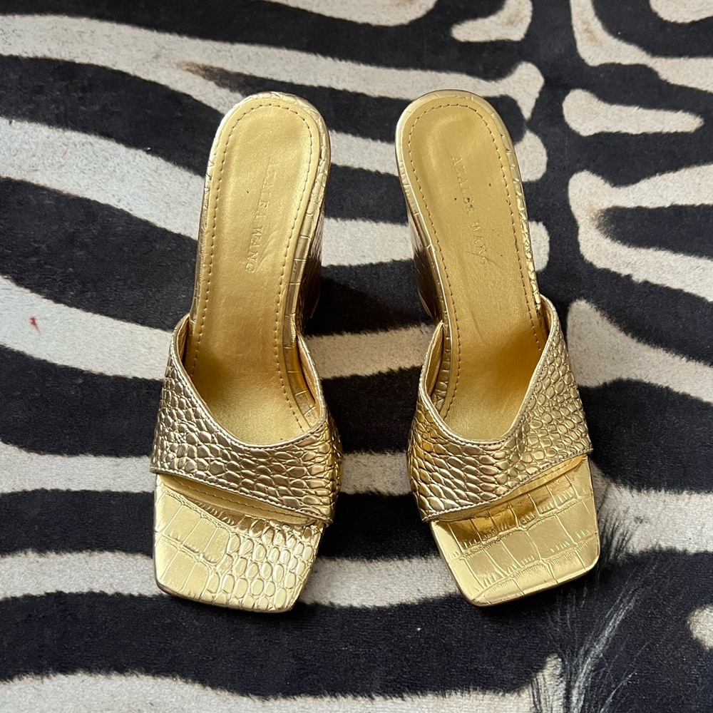 Size 6 (fits 6-6.5) gold croc material heel/wedges